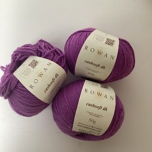 Rowan Cashsoft DK Yarn 3 Skeins Purple 50g Each Wool Acrylic Cashmere Blend